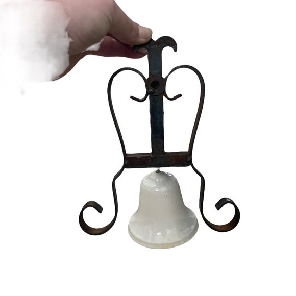 Vintage Farmhouse Bell, Black and White Cast Iron Ceramic Dinner Bell - Picture 2 of 3